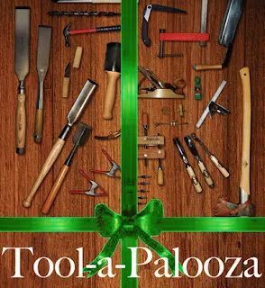 Tool-a-Palooza: Assorted hand tools and hardware arranged around green ribbon bow