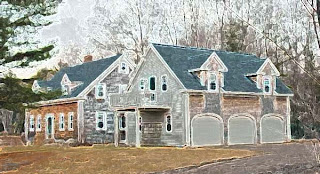 Large residential brick and stone house with dark roof and attached garage in wooded area