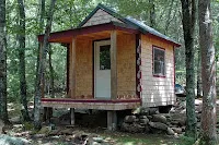Wooden cabin on stilts in forest surrounded by tall trees and greenery
