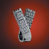 White cylindrical tube made of stacked metal discs against red background