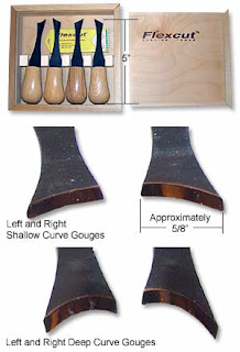 Flexcut wood carving gouges set with curved tools and packaging box displayed.