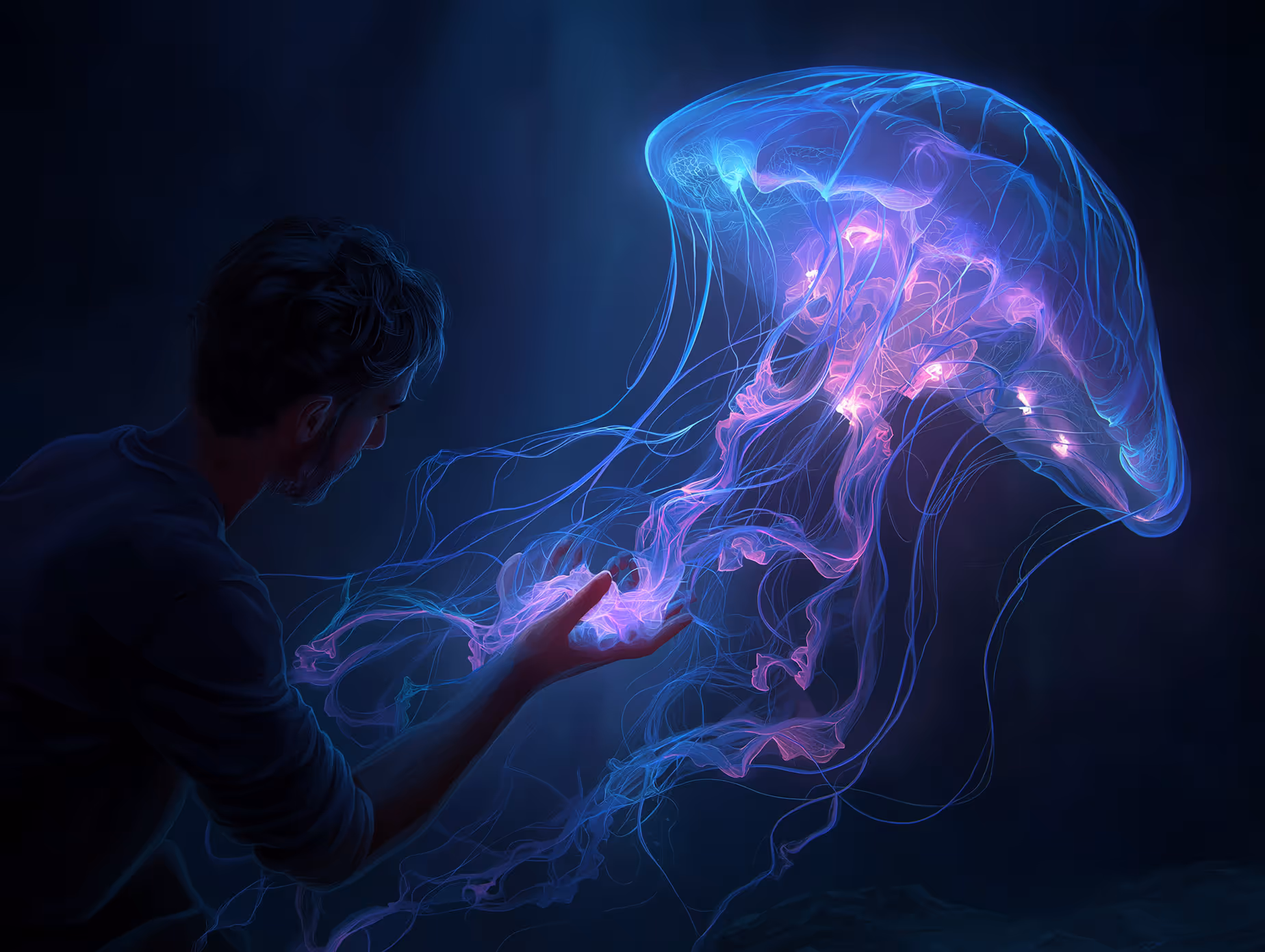 An AI-generated illustration showing Seb Gonzalez graphic designer, trying to reach a glowing jellyfish.