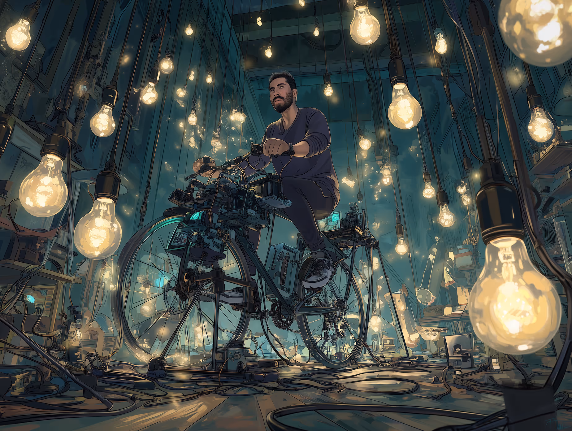 An AI-generated illustration showing Seb Gonzalez graphic designer, riding a stationary bike that powers light bulbs surrounding him.
