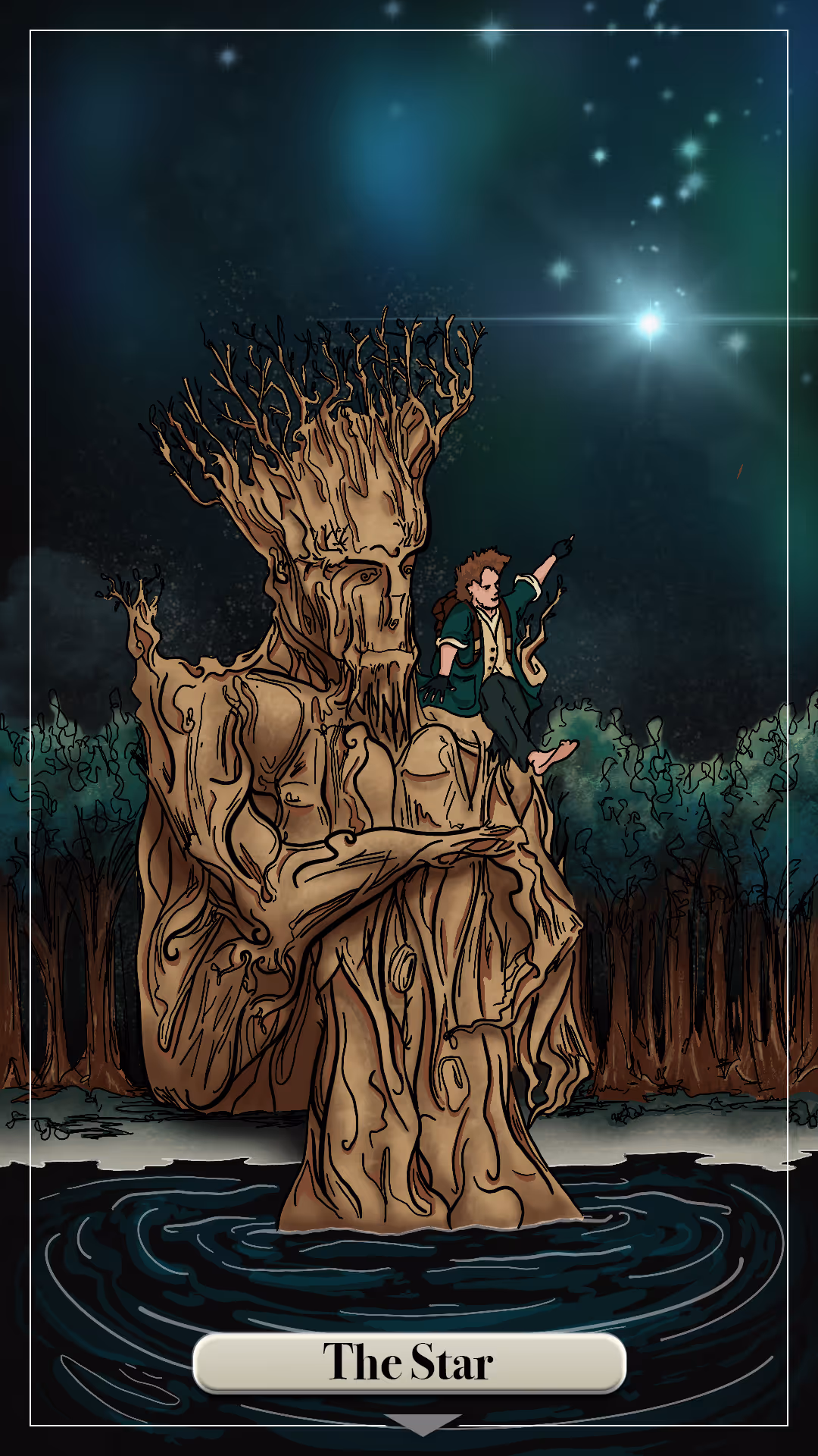 Illustration of the tarot card "The Star" featuring a tree character sitting beside his human friend.