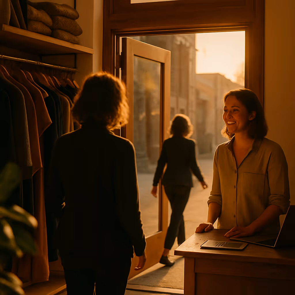 A woman standing at a counter in a clothing store.