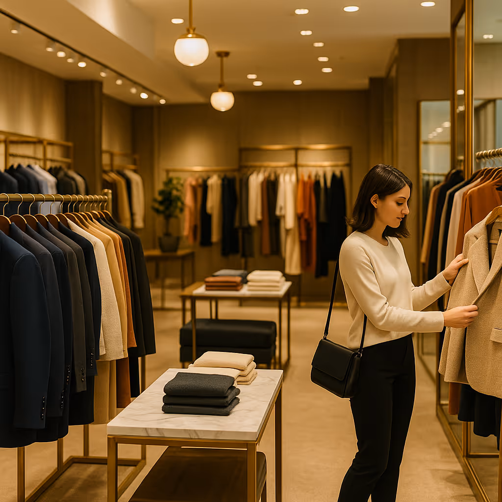 A woman looking at clothes in a clothing store.