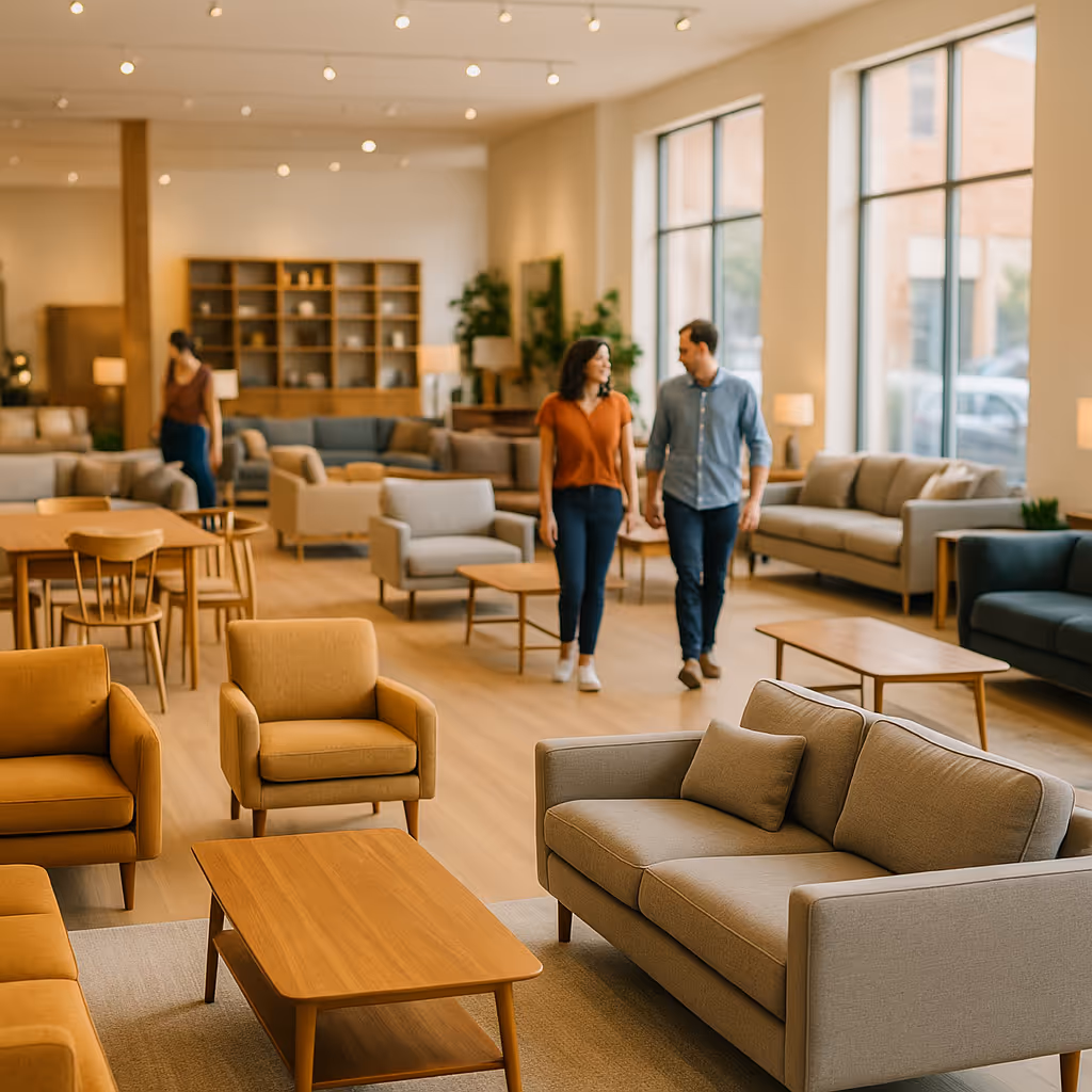 A couple of people walking through a lobby.
