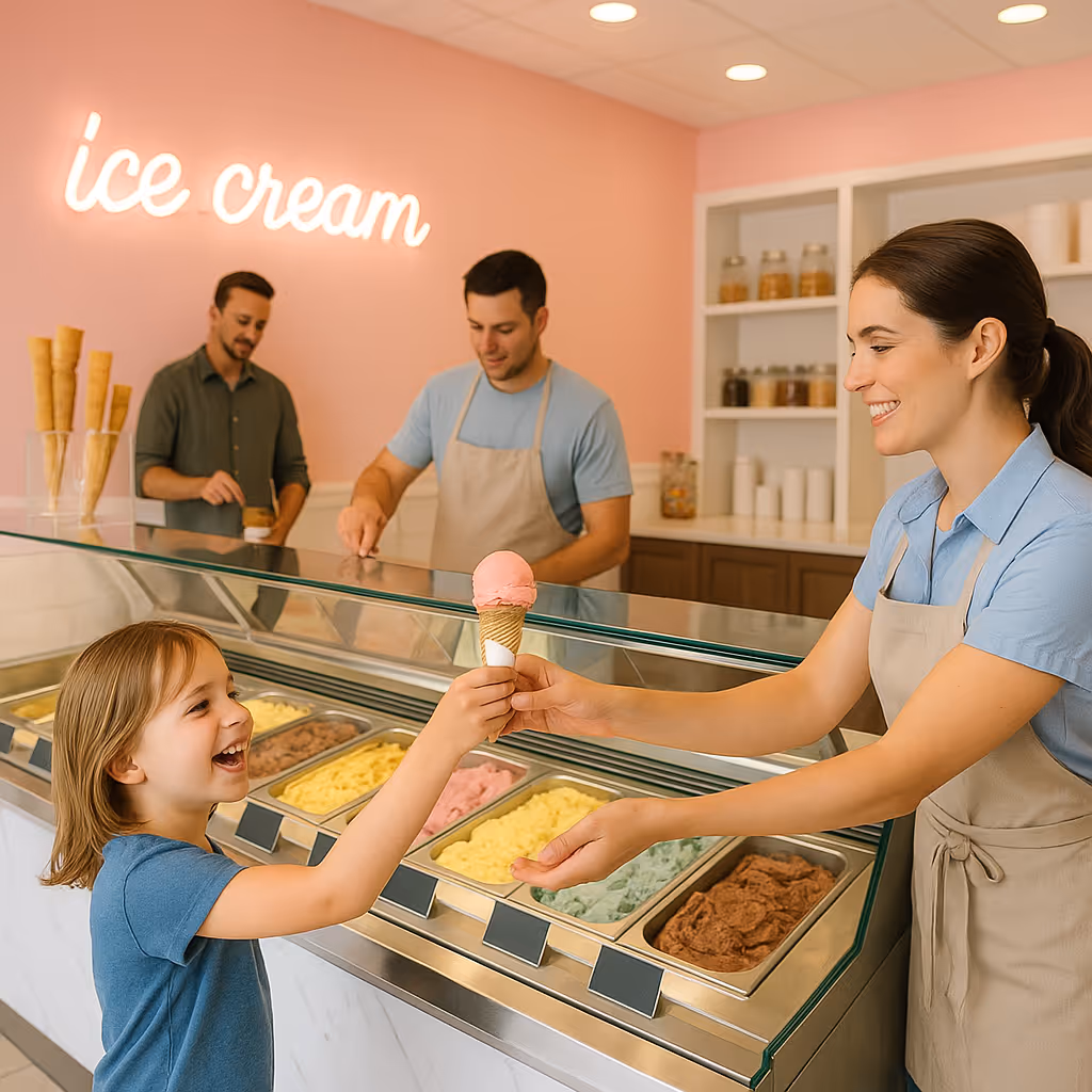 A woman serving ice cream to a little girl.