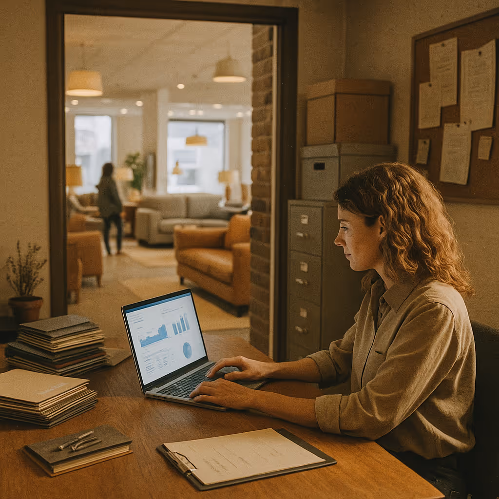 A woman sitting at a desk using a laptop computer.