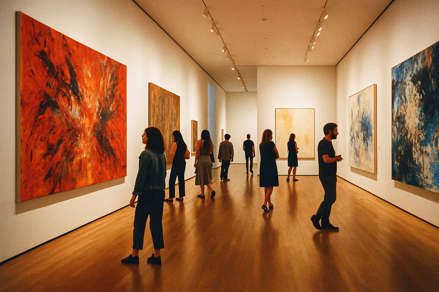 People viewing large abstract paintings in a modern art gallery with wooden floors and white walls.