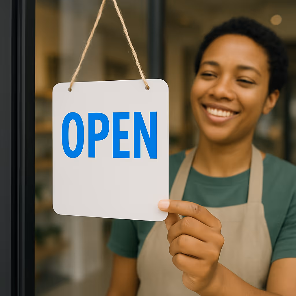 A woman holding a sign that says open.