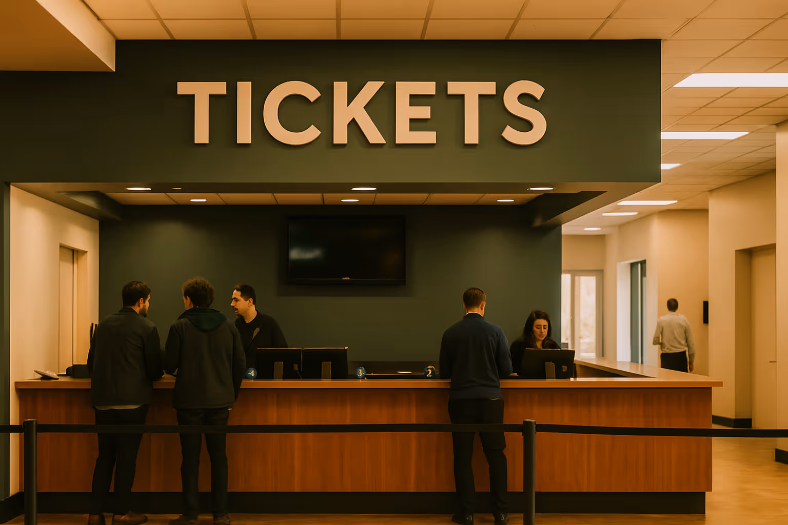 People standing at a ticket counter inside a building with a large 'TICKETS' sign above.