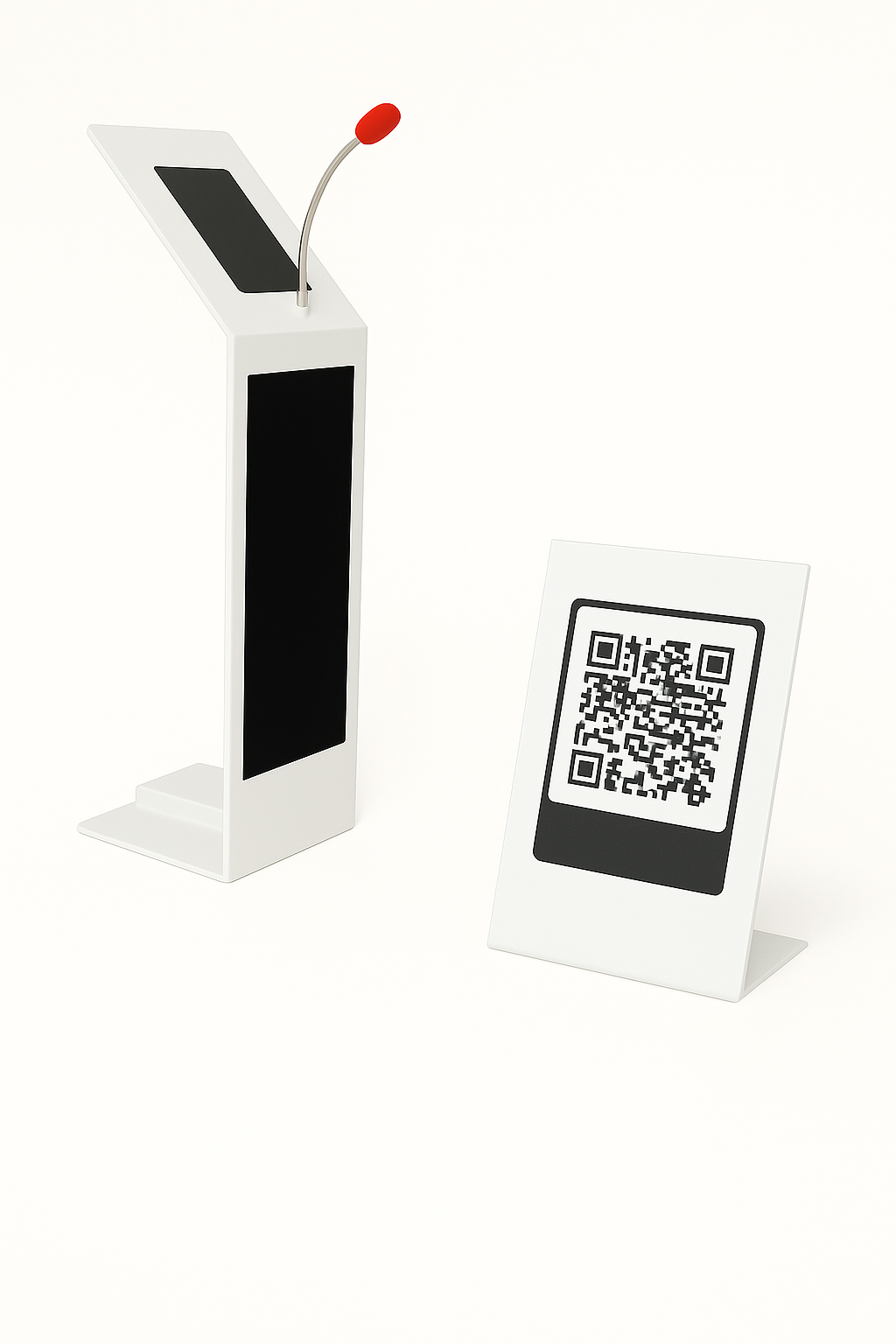 White podium with a red-tipped microphone and a white stand displaying a QR code.