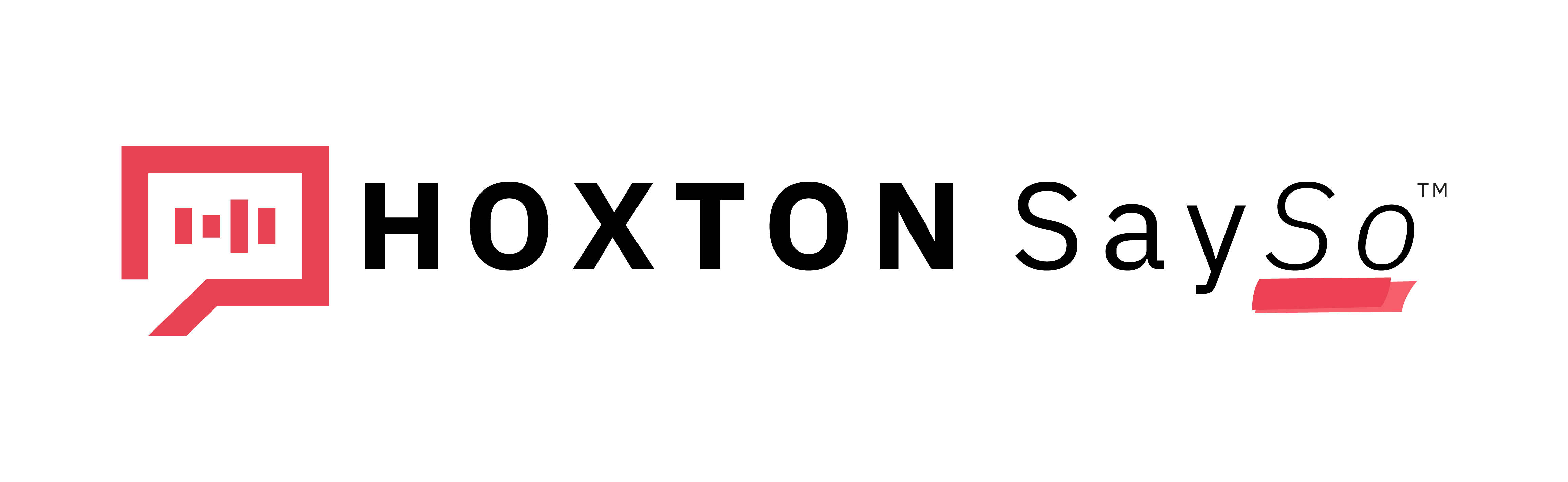 Hoxton SaySo logo with a red speech bubble containing four vertical bars to the left of the text.
