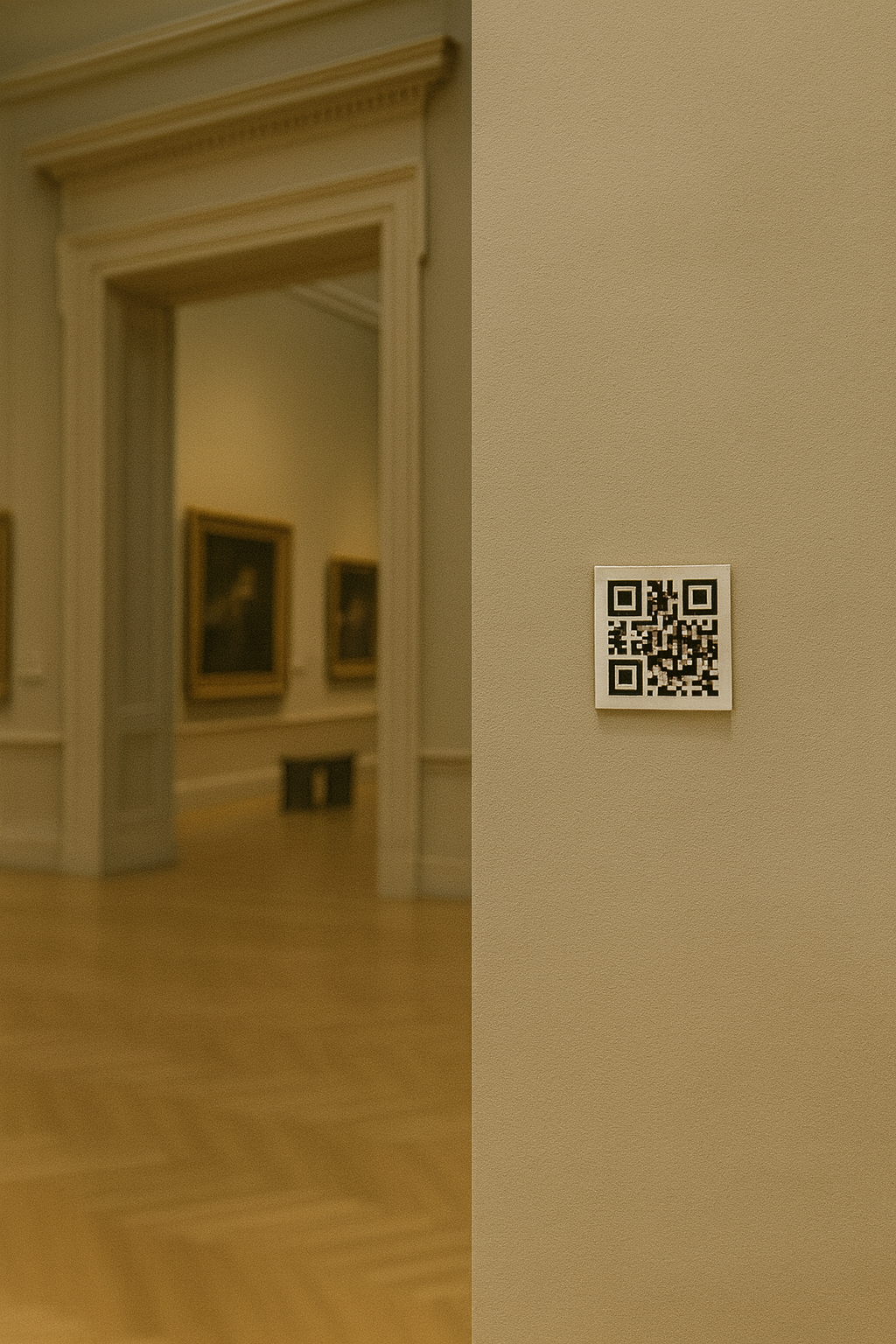 Small QR code displayed on a beige wall in an art gallery with framed paintings visible in the background.