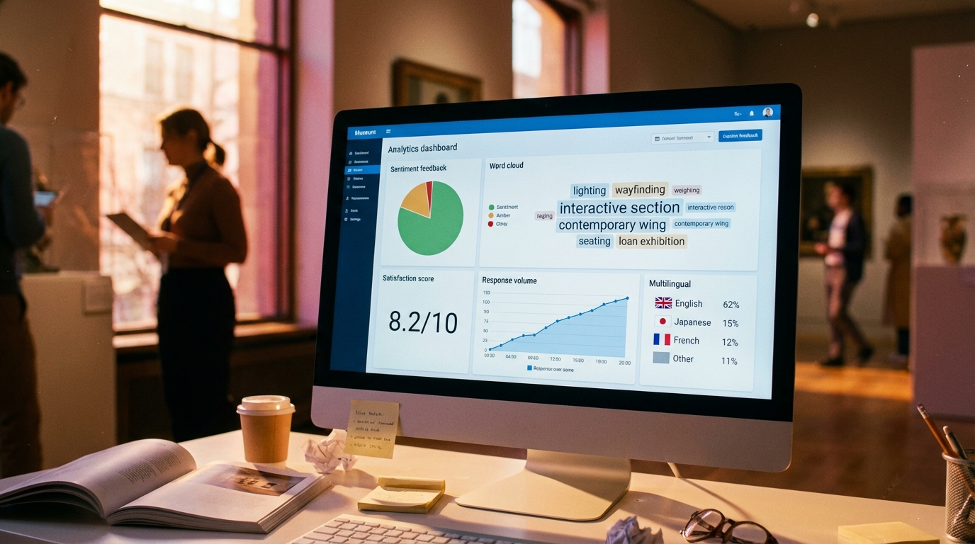 Real-time visitor feedback analytics dashboard showing sentiment, themes, and multilingual breakdown