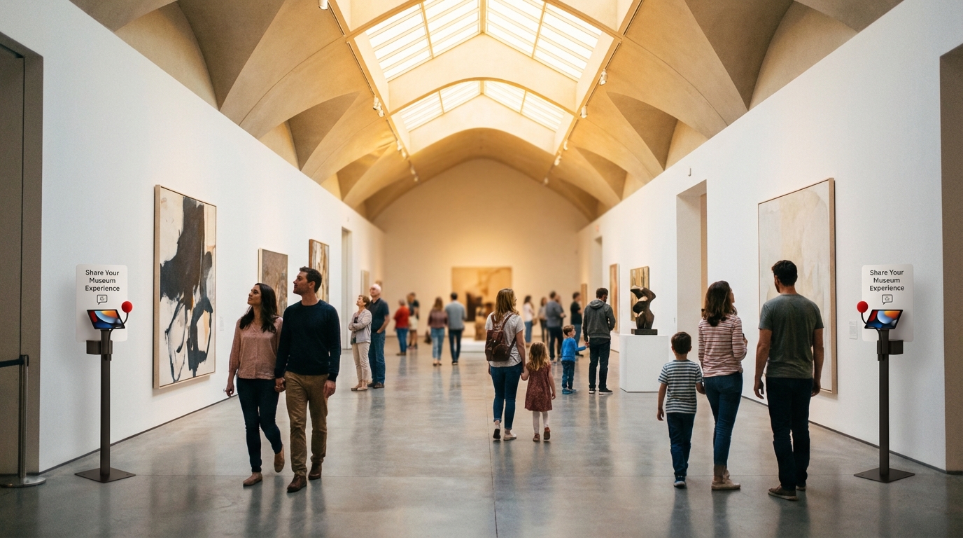 Modern art museum gallery interior with diverse visitors admiring artworks under natural skylight