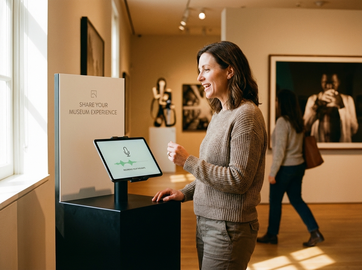 Museum visitor speaking into a voice feedback tablet at a gallery exit