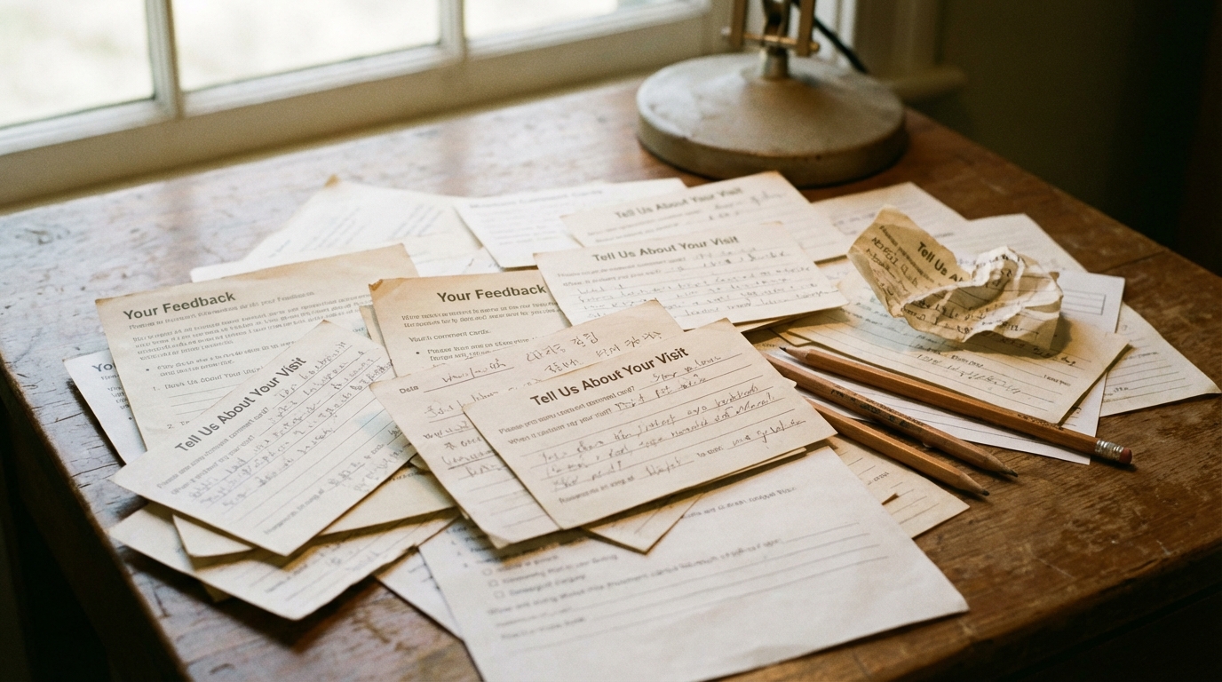 Scattered handwritten museum comment cards and feedback forms on a wooden desk