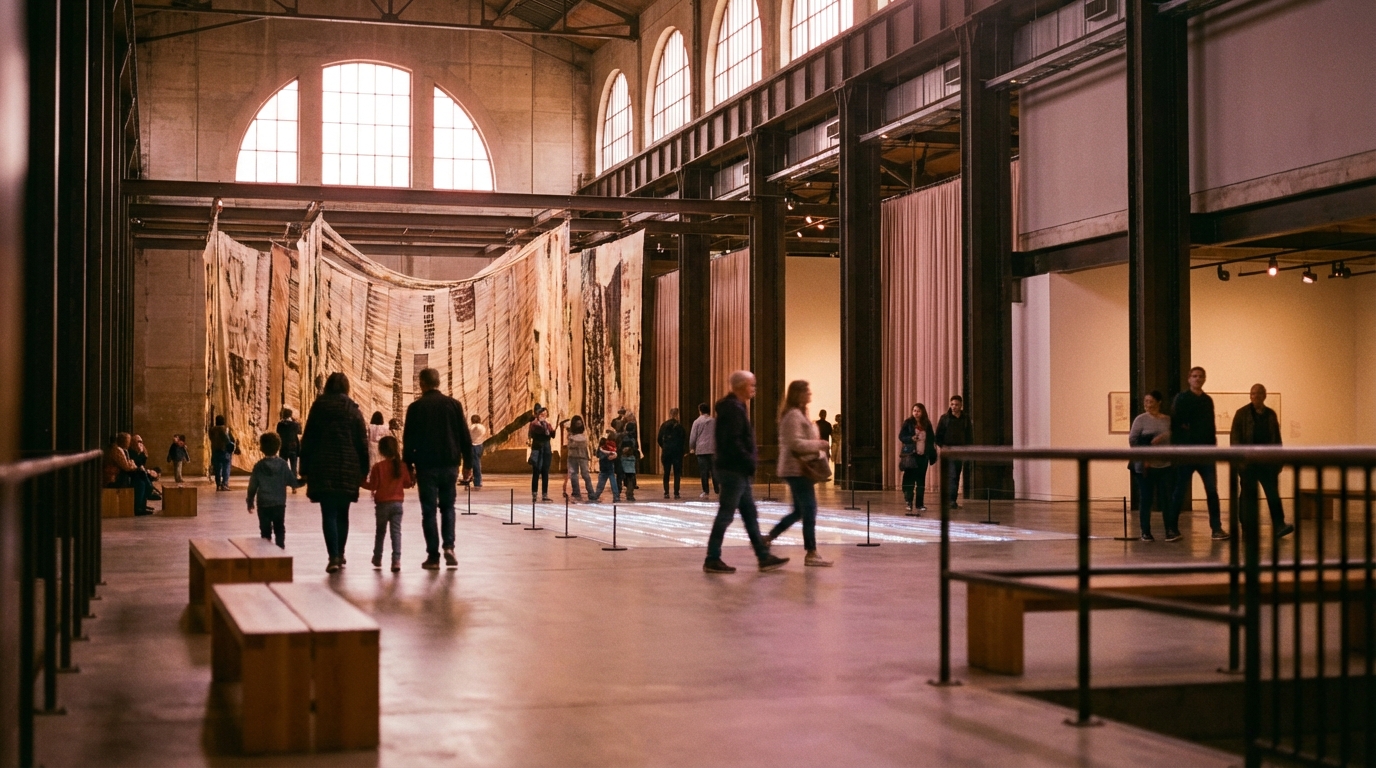 Grand world-class gallery interior with high ceilings, large-scale art installations, and diverse visitors