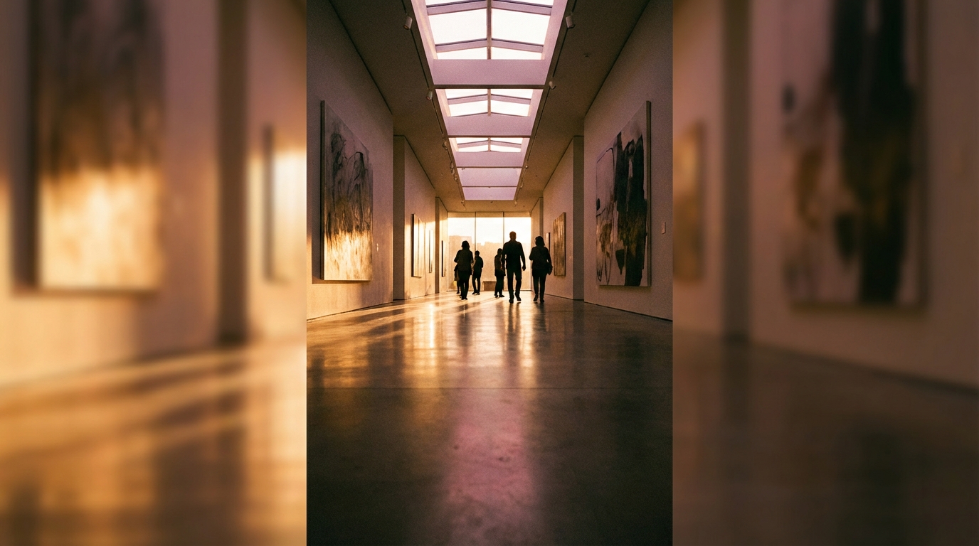 Gallery corridor at golden hour with warm lighting, sculptures, and visitors walking through