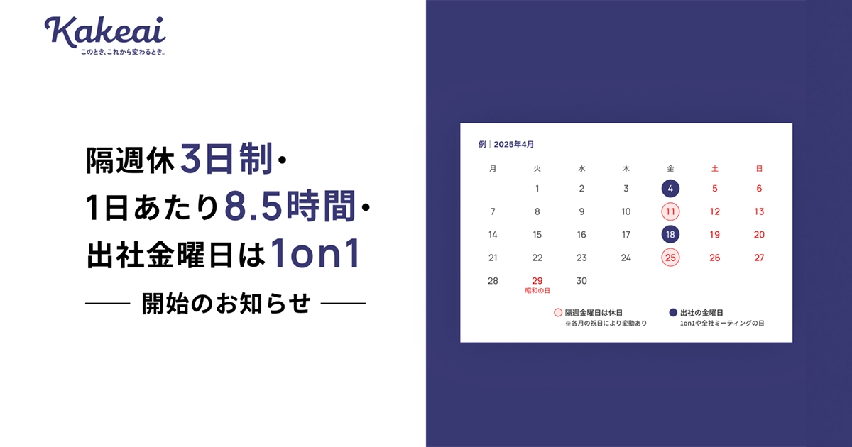 「隔週休3日制・1日あたり8.5時間・出社金曜日は1on1」の制度を開始しました。