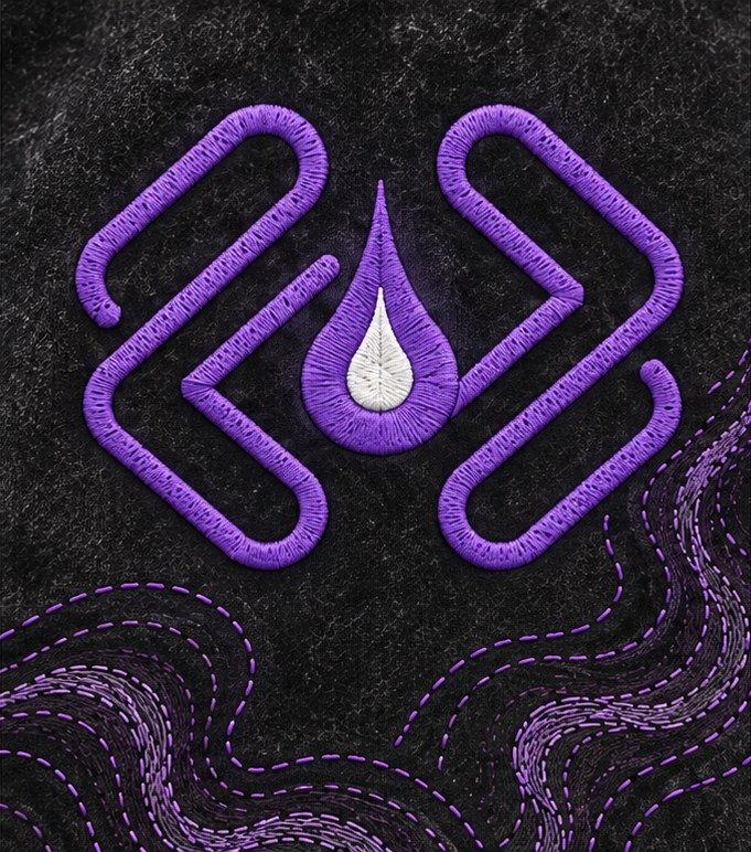 Close-up of the purple droplet-and-bracket emblem on the back