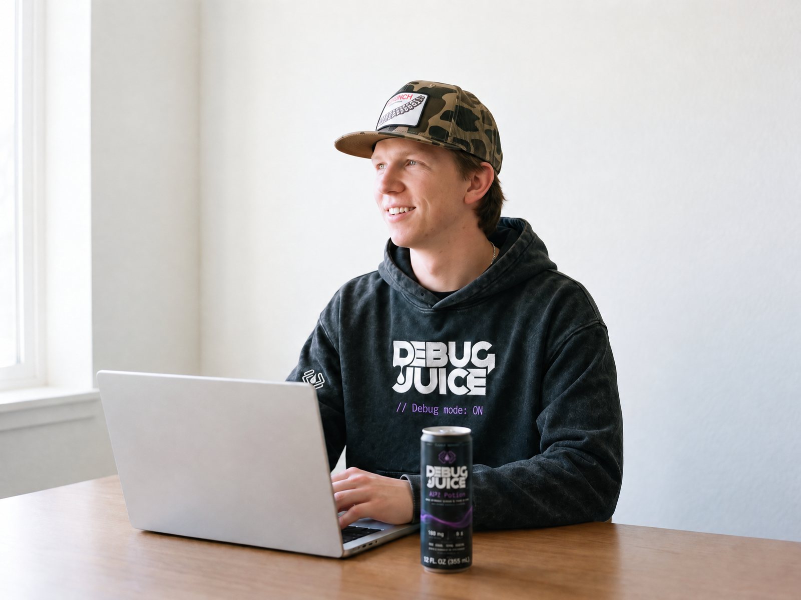 A man in a camo cap at a small table with a laptop and an API Potion can, wearing the Git Pullover