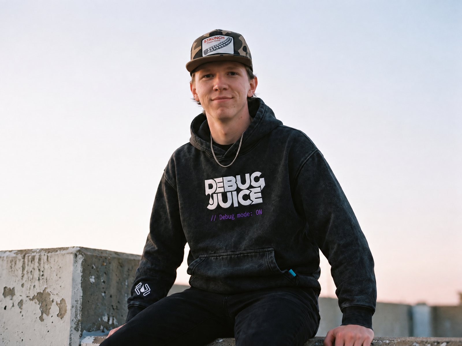 A man in a camo cap sitting on a concrete ledge against an evening sky in the Git Pullover