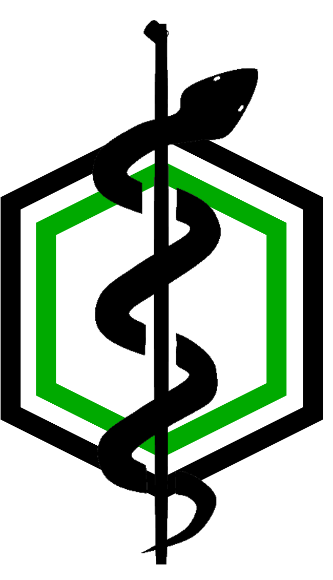 Staff of asclepius superimposed over two concentric benzene rings