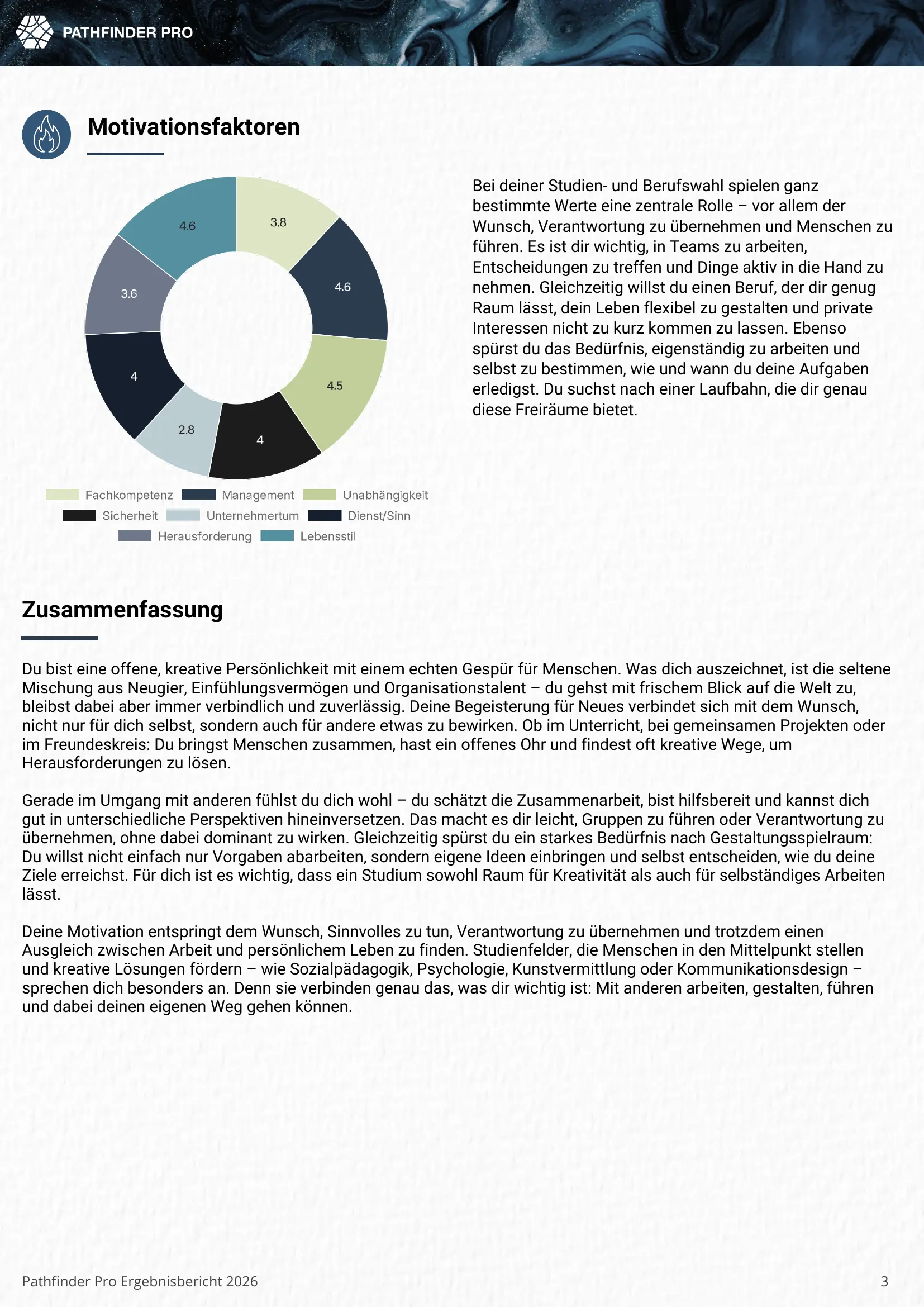 Pathfinder Pro report page showing an interest profile with a circular chart and written interpretation.