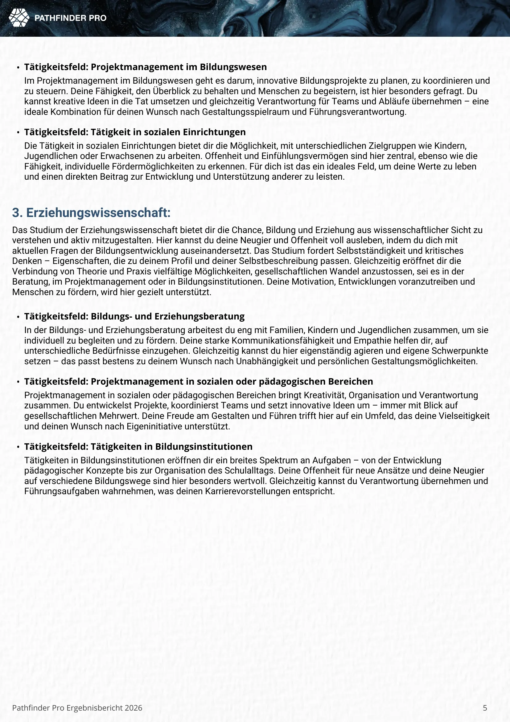 Pathfinder Pro report page continuing the Top 3 university program recommendations, with fit rationale and related career paths.