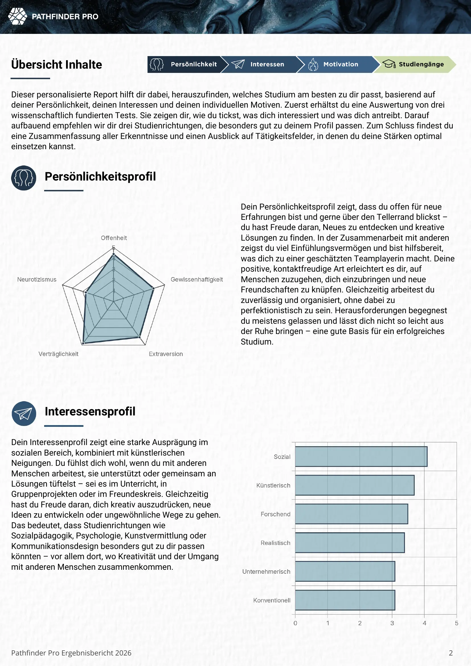 Pathfinder Pro report page showing a personality profile with radar and bar charts.