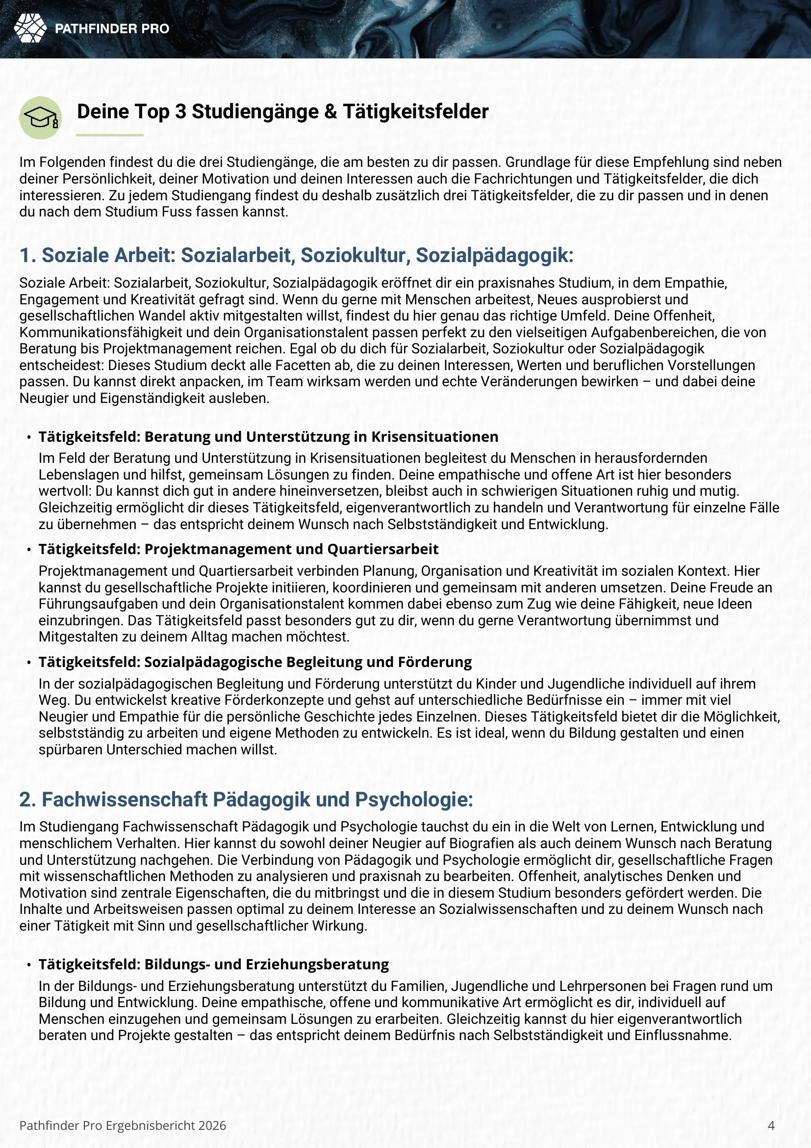 Pathfinder Pro report page showing the first part of the Top 3 university program recommendations, including fit rationale and related career paths.