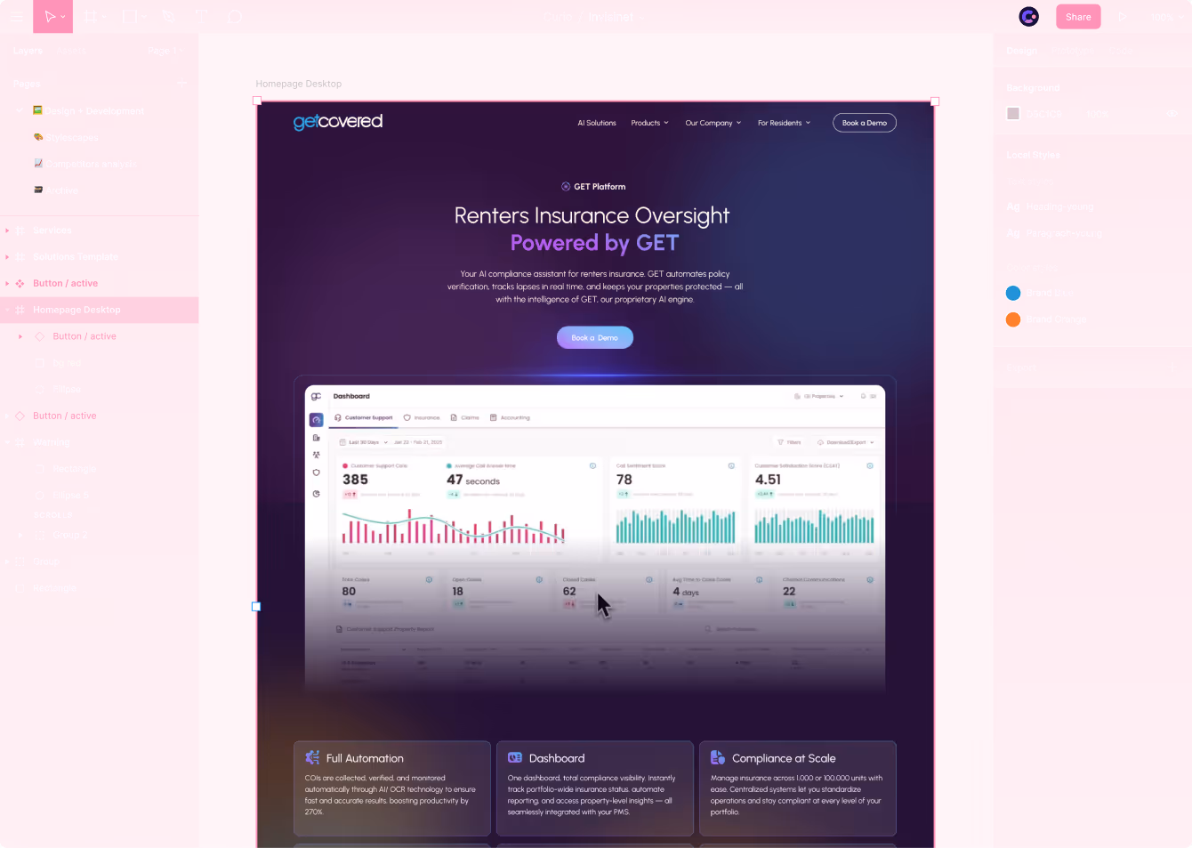 Mockup of a website design and development interface with a preview of a renters insurance oversight web page.