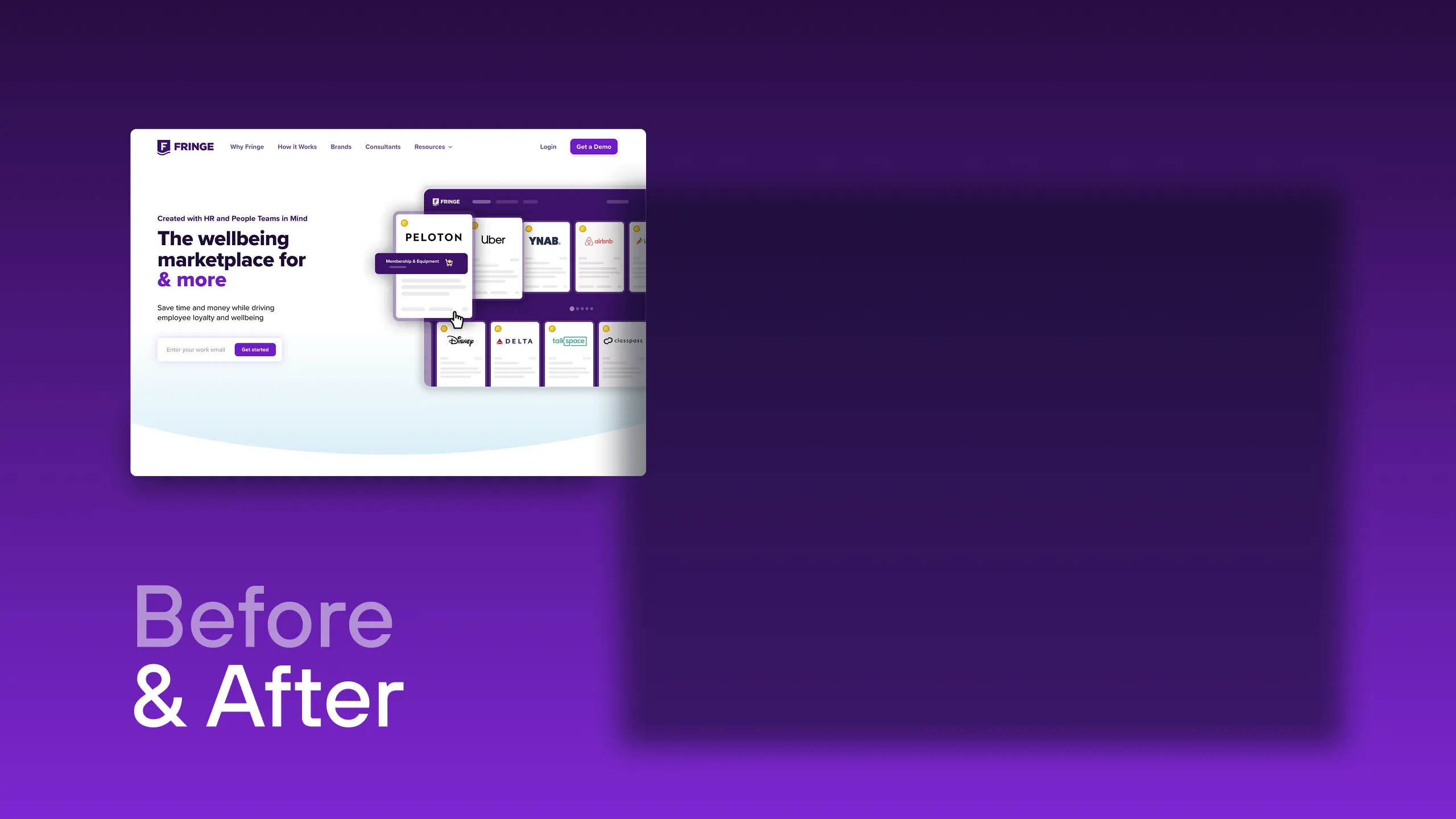 Comparison of Fringe website before and after redesign, showing improved user interface with a darker theme and a focus on human-centered employee experience.