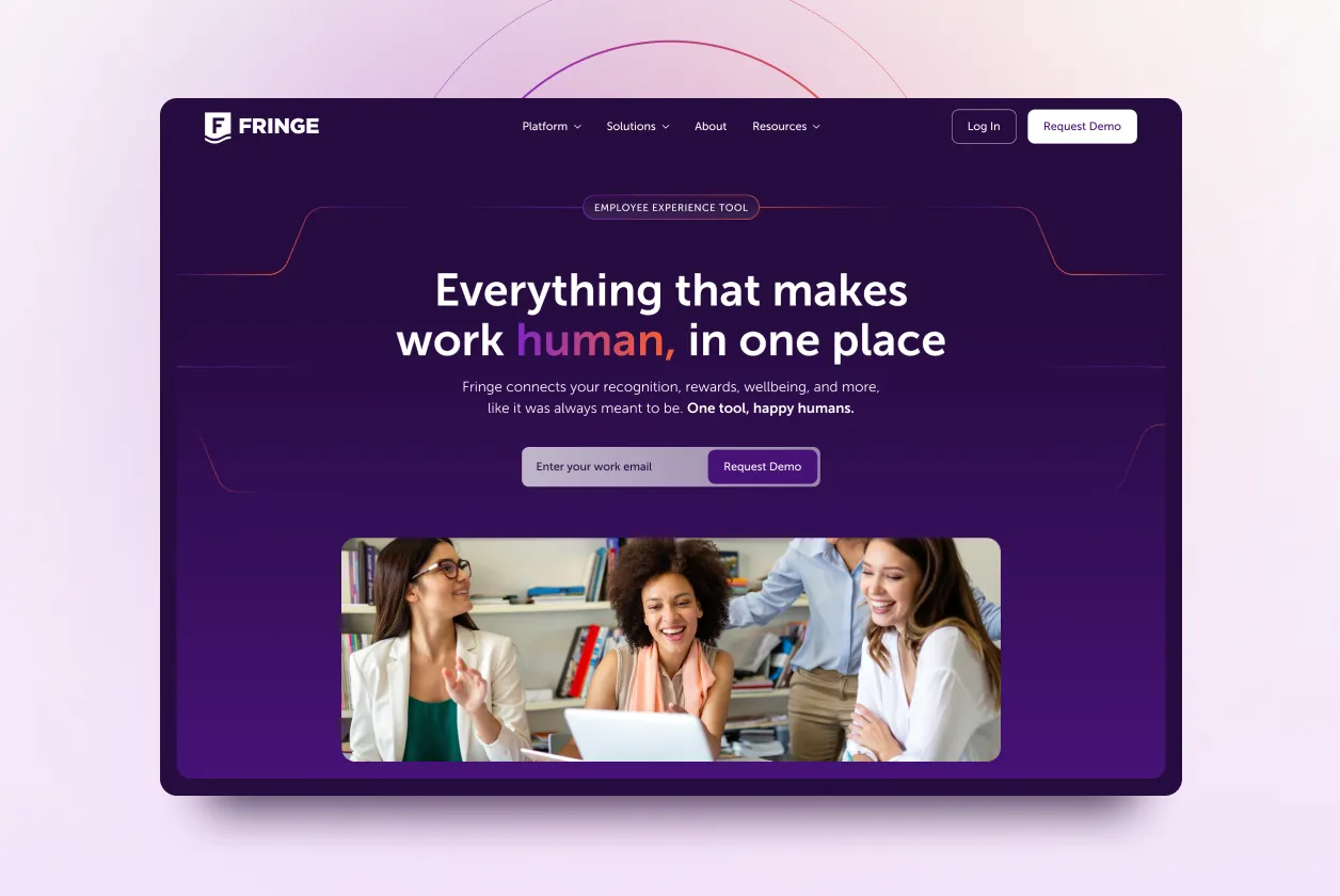 Website homepage for Fringe featuring a banner with text about an employee experience tool and an image of three diverse smiling coworkers interacting at a desk with a laptop.