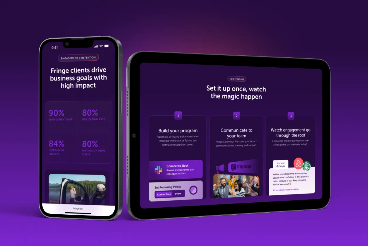 Smartphone and tablet displaying Fringe client business impact stats and a three-step guide to building a program, communicating to your team, and boosting engagement.
