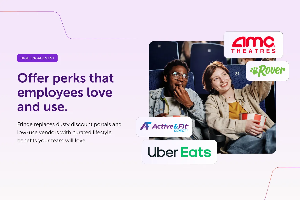 Smiling man and woman sitting in a movie theater with popcorn, surrounded by logos of AMC Theatres, Rover, Active&Fit Direct, and Uber Eats.