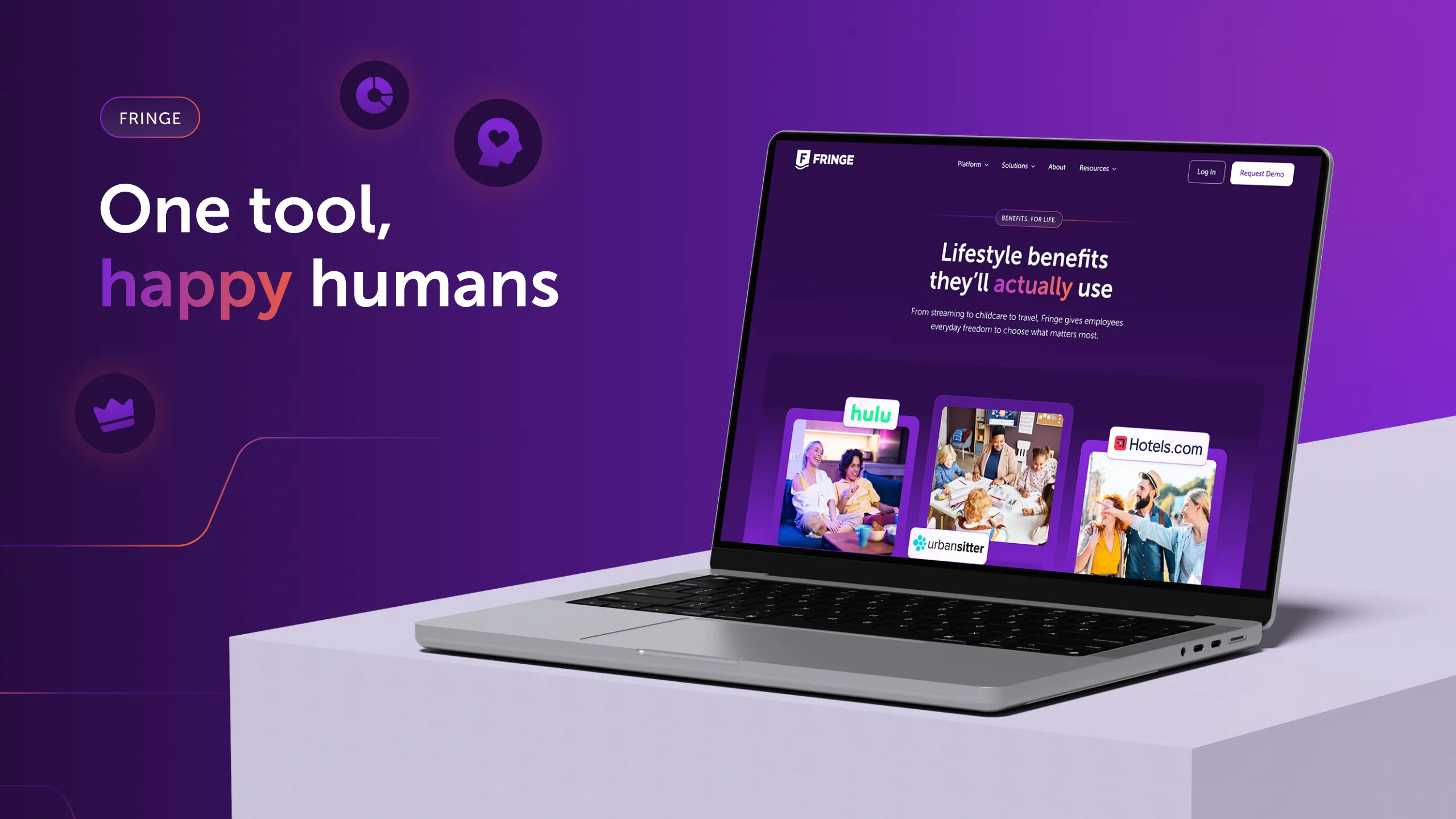 Laptop on a pedestal displaying Fringe website with lifestyle benefits and logos for Hulu, UrbanSitter, and Hotels.com on a purple background.