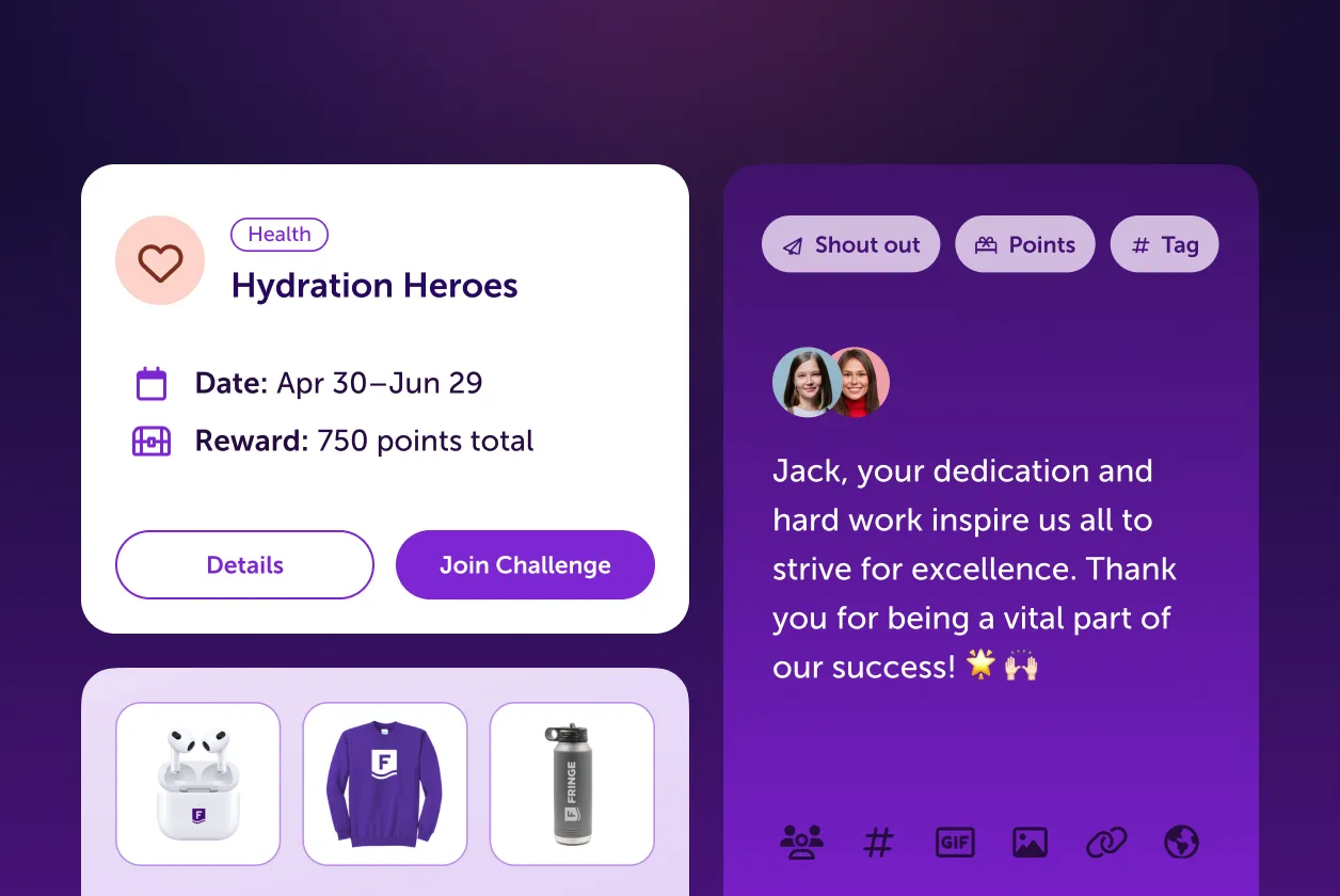 Interface showing Hydration Heroes challenge details with dates Apr 30 to Jun 29, reward of 750 points, product rewards, and a shout out praising Jack for dedication and hard work.