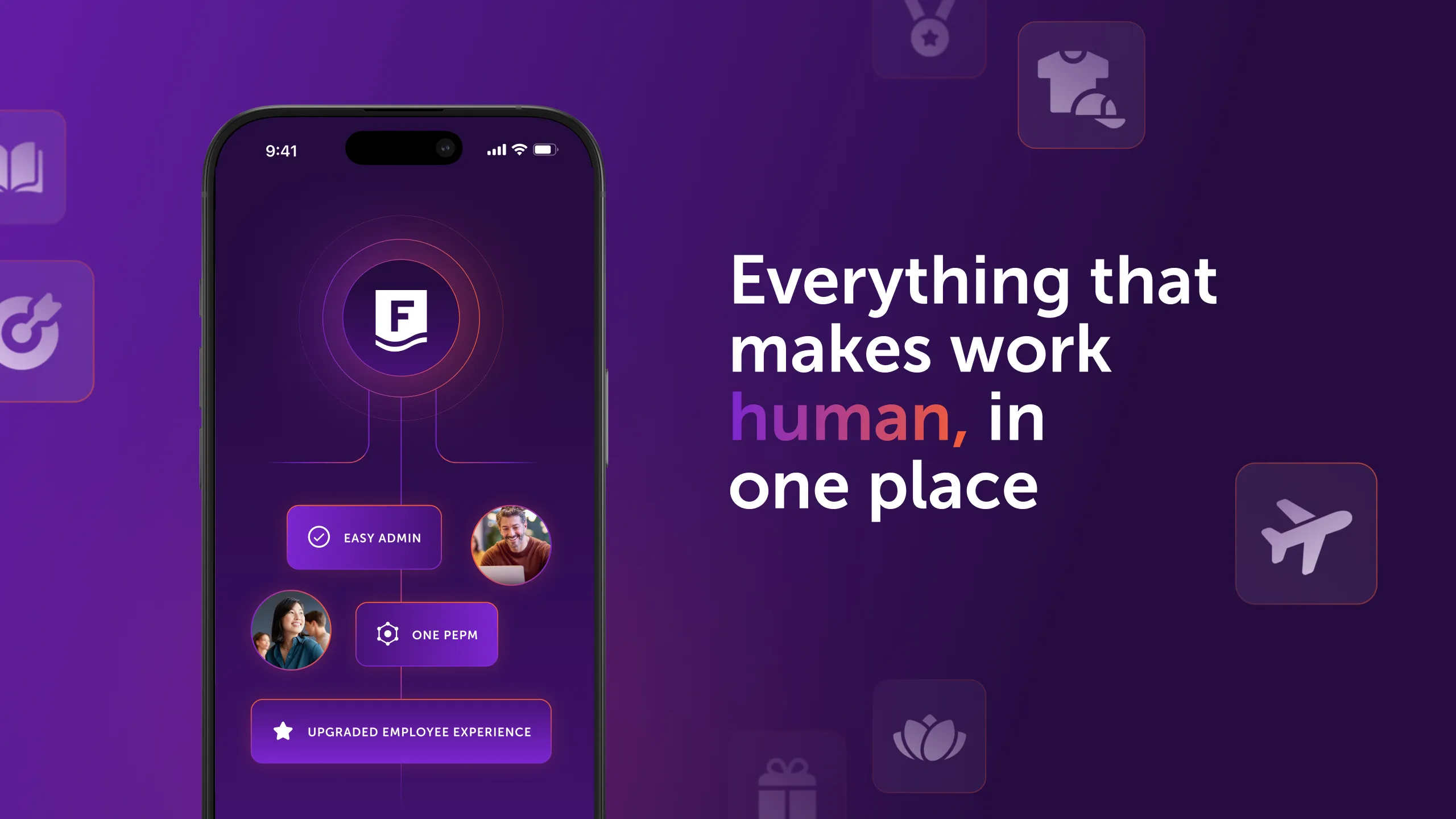 Smartphone screen showing an app interface with a logo and connected purple boxes labeled Easy Admin, One PEPM, and Upgraded Employee Experience, alongside text reading Everything that makes work human, in one place on a purple background.