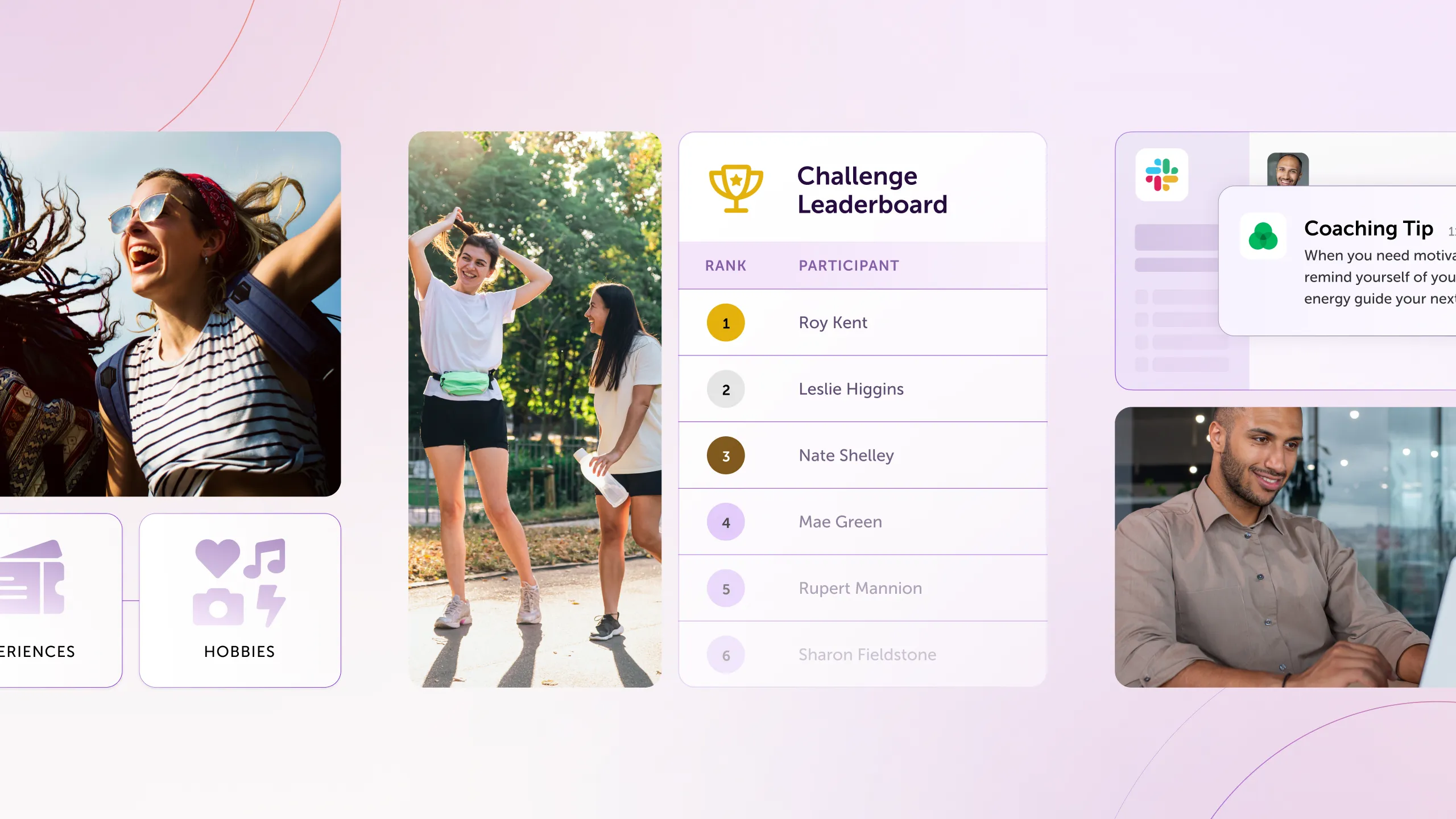 Leaderboard showing top participants with photos of people exercising and a coaching tip message on screen.