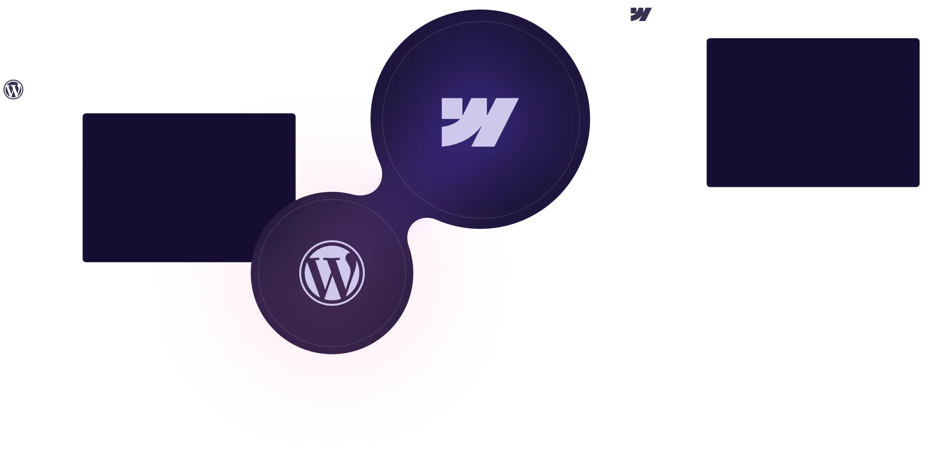 Illustration showing integration between WordPress and Webflow platforms with WordPress and Webflow logos connected by overlapping circular nodes.