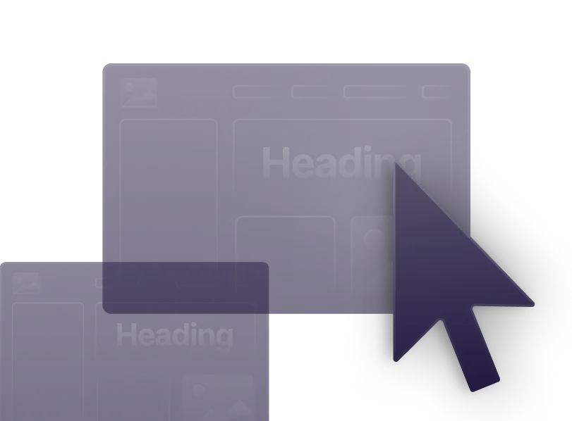 Graphic of two overlapping web page windows labeled 'Heading' with a large cursor icon pointing to the front window.