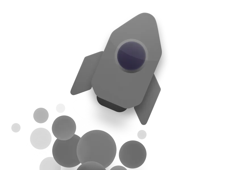 Stylized gray rocket with circular window blasting off amid round particles and light trail.