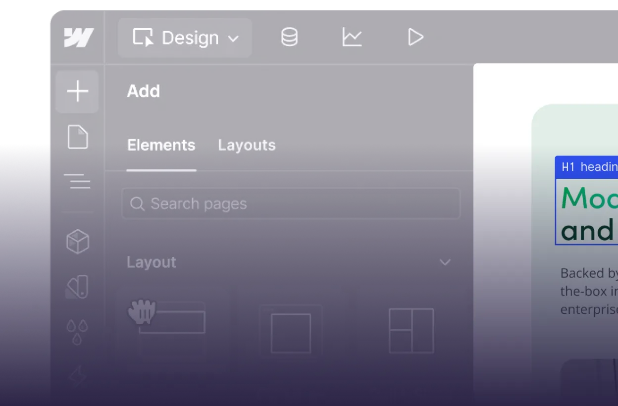 Partial screenshot of a web design tool interface showing the Elements tab with layout options and a sidebar with icons.