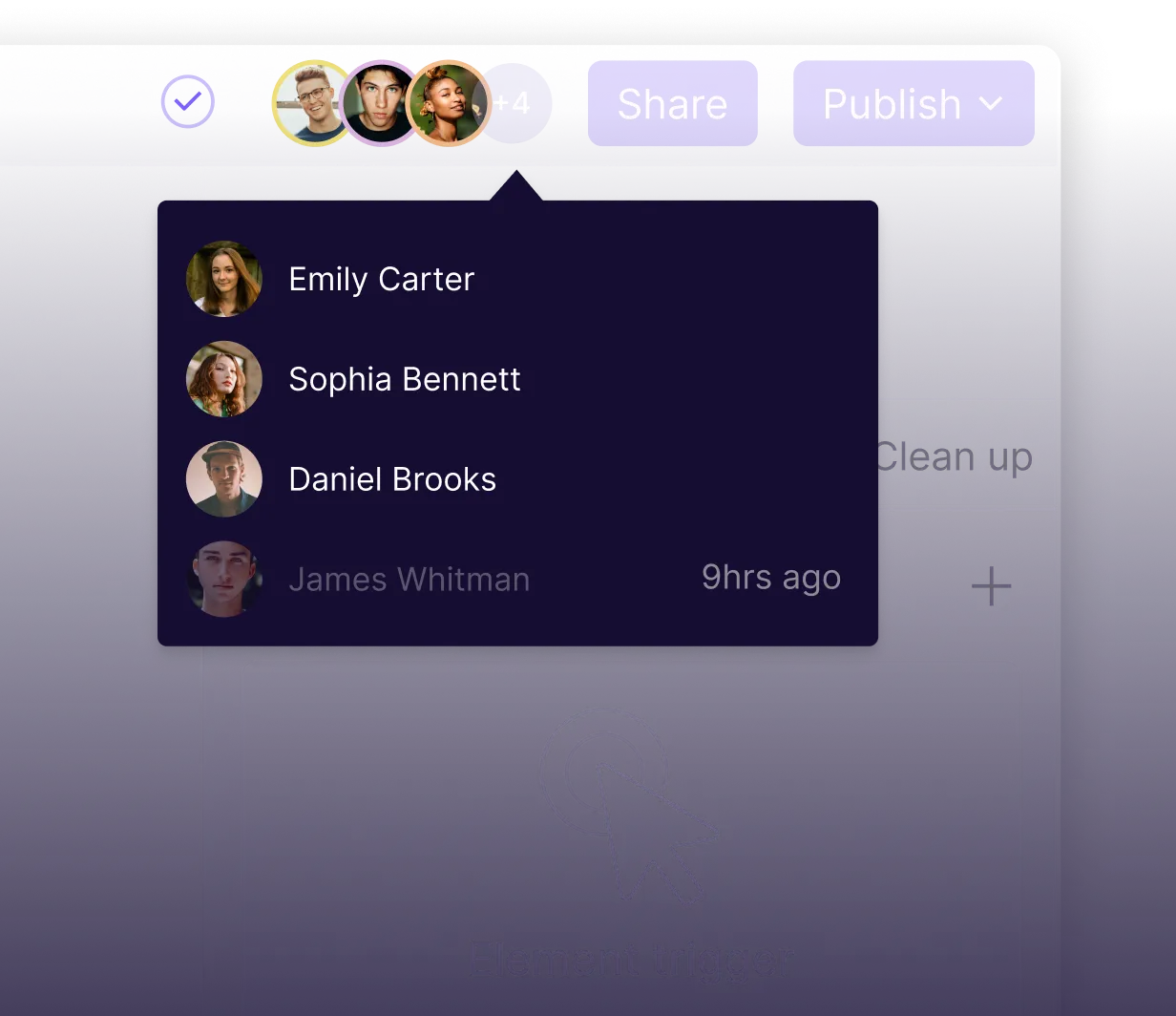 User avatars with a pop-up box listing team members Emily Carter, Sophia Bennett, Daniel Brooks, and James Whitman with the label '9 hrs ago' and a Curio Digital button nearby.