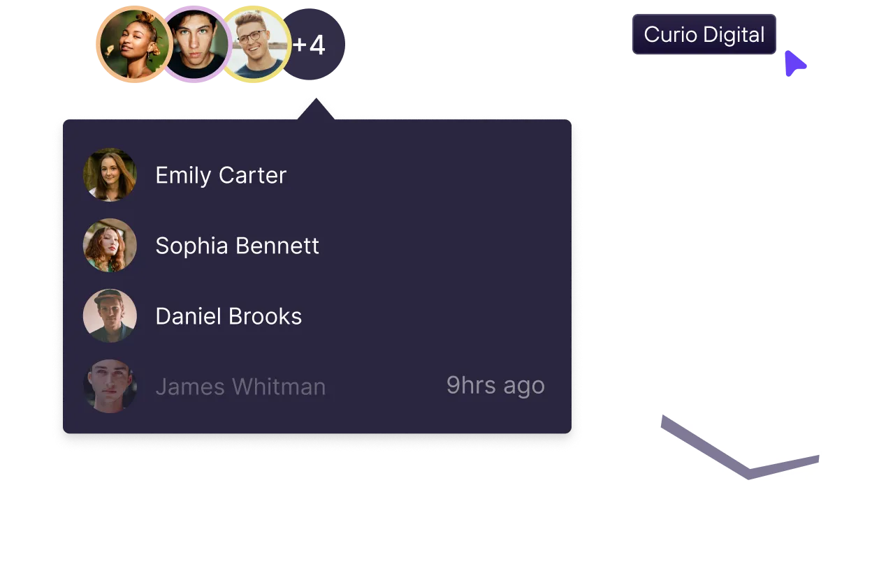 User avatars with a pop-up box listing team members Emily Carter, Sophia Bennett, Daniel Brooks, and James Whitman with the label '9 hrs ago' and a Curio Digital button nearby.