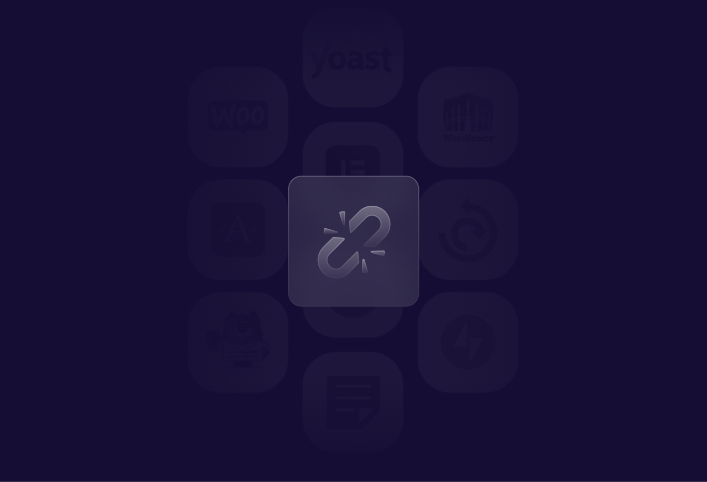 Broken link icon centered among faint logos of various software integrations on a dark background.